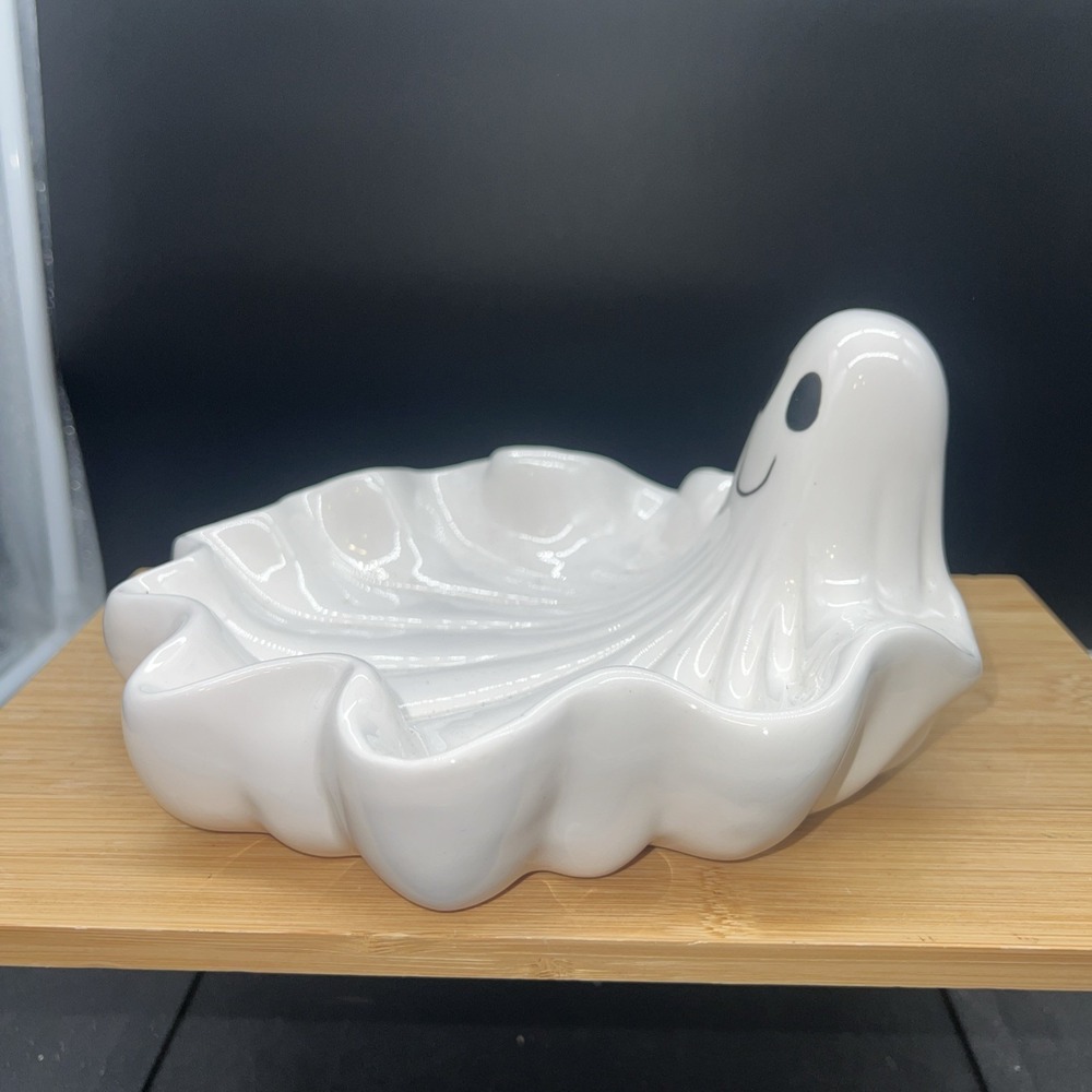 Vintage Ceramic Halloween Ghost Candy Trinket Dish Smiling White 8" Boo Party - Picture 3 of 5